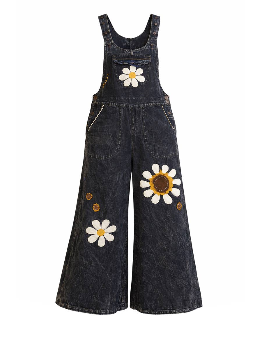 Boho Daisy Flower Embroidered Overalls