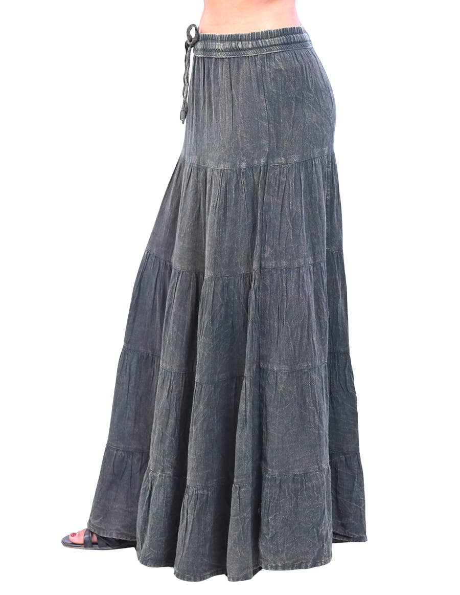 Boho Stonewashed Tiered Maxi Skirt