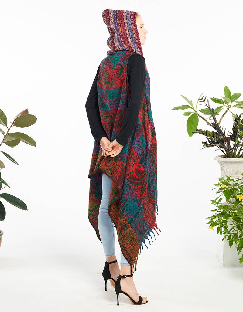 Sleeveless Long Drape Hooded Cardigan Vest with Tassels