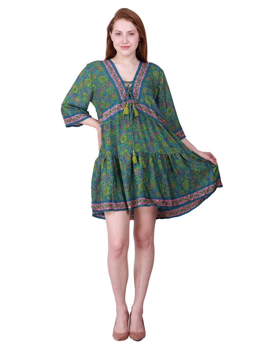 Women Boho Sexy V Neck Mini Short Length Half Sleeve Dress