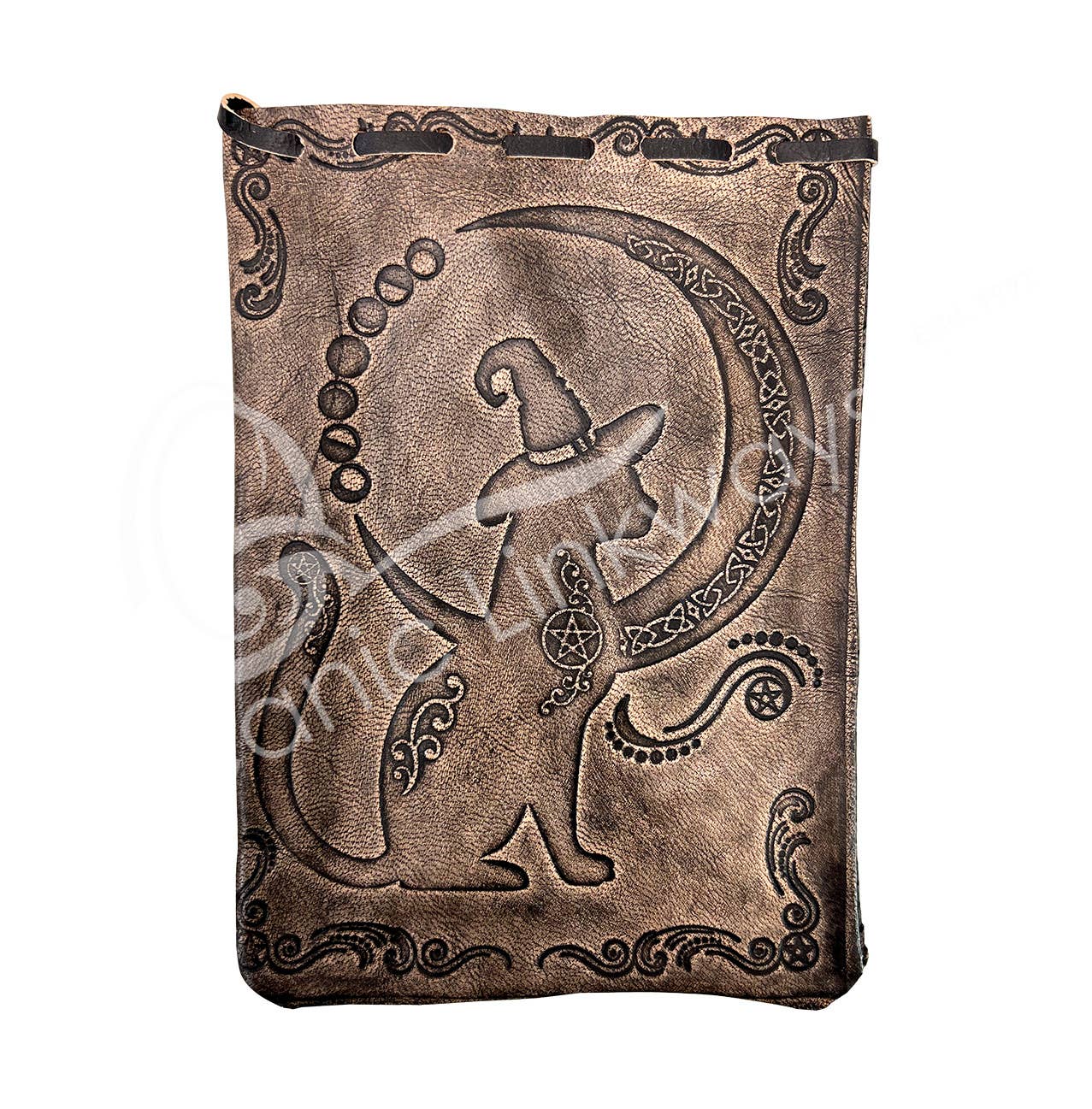 Brown Leather Black Cat Drawstring Bag