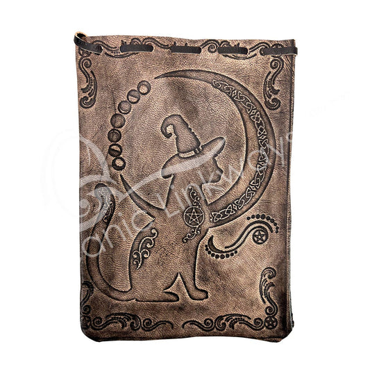 Brown Leather Black Cat Drawstring Bag