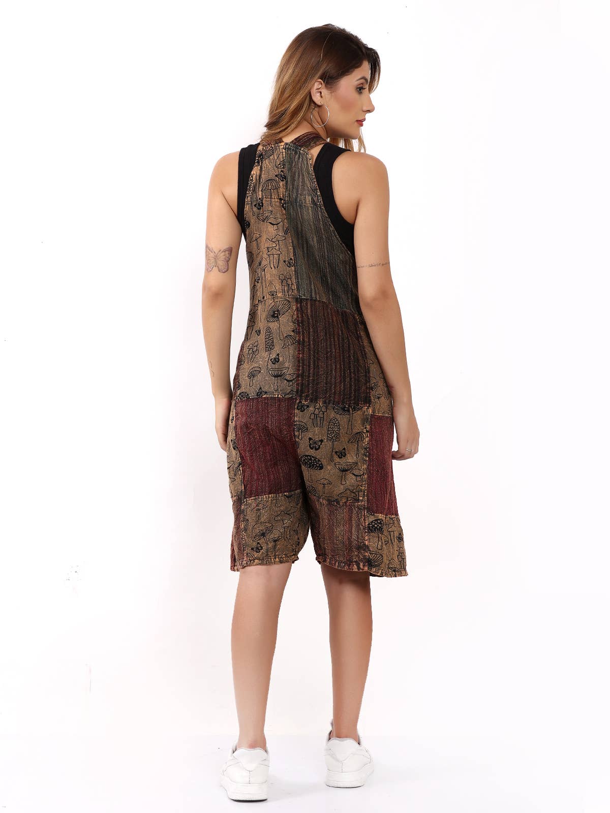 Women Mushroom Print Patch Cotton Pocket Dungarees Dress Mix