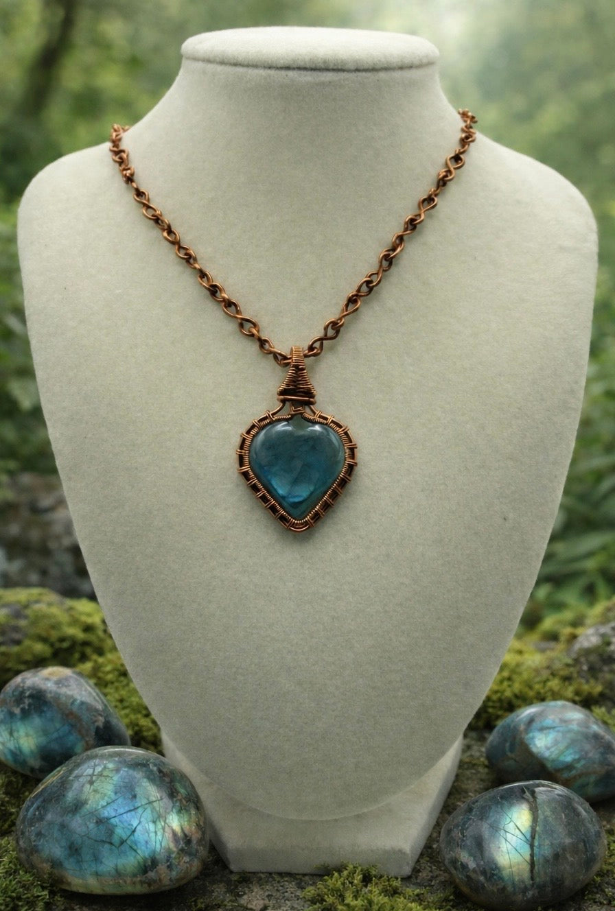 Enameled Copper Necklace with Natural Labradorit