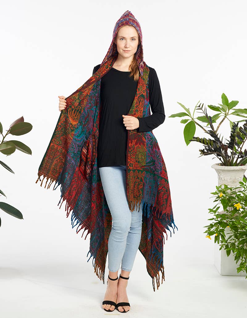 Sleeveless Long Drape Hooded Cardigan Vest with Tassels