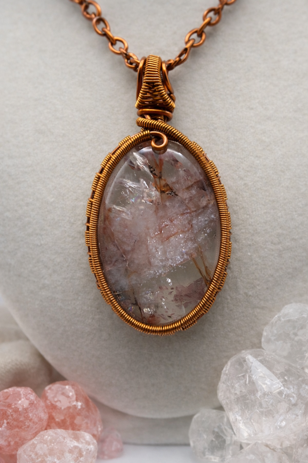 Cherry Quartz Necklace in Enameled Copper