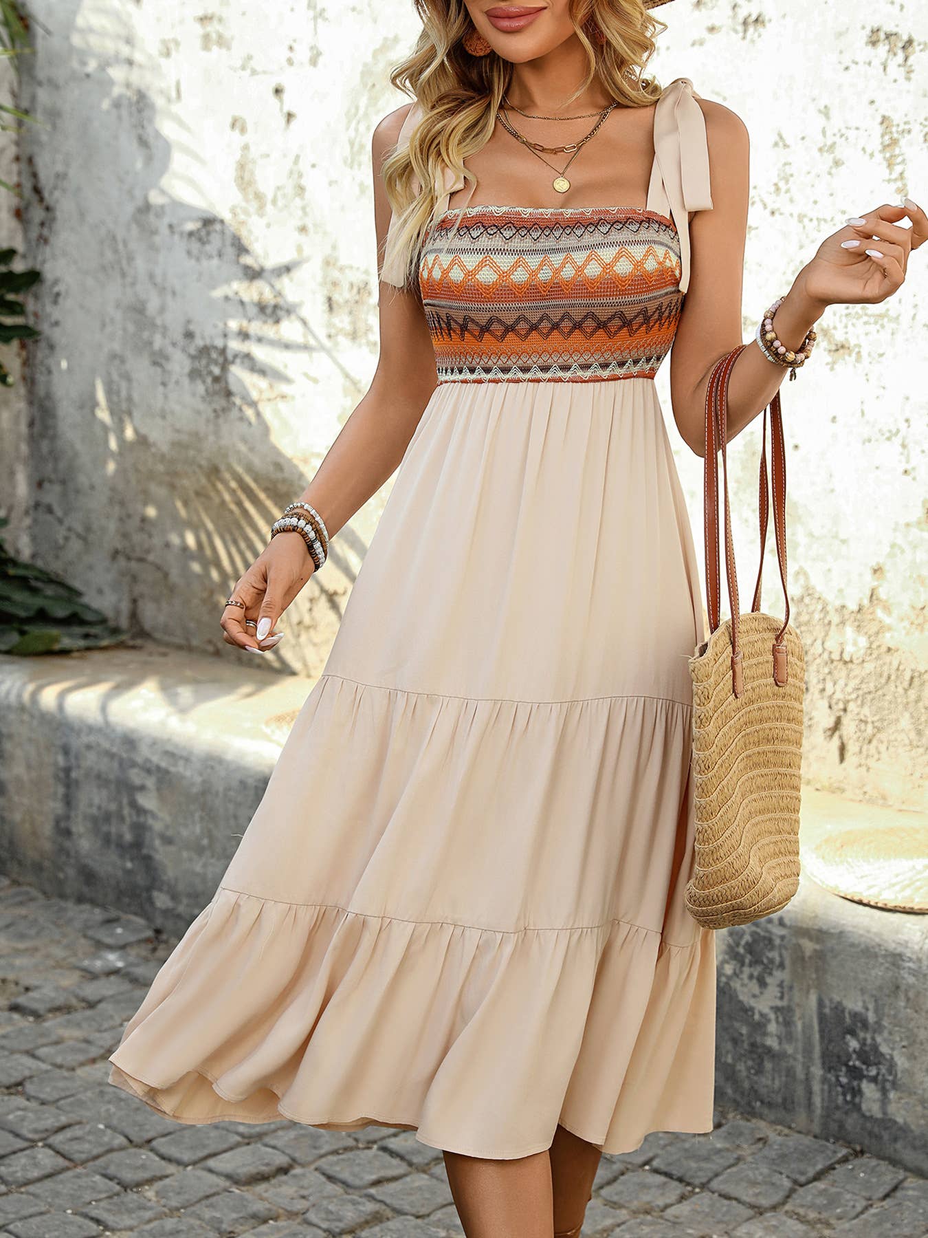 Boho Smocked Tie-Strap Midi Dress