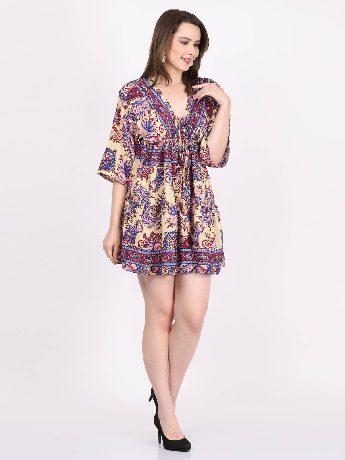 Women Boho Sexy V Neck Mini Short Length Half Sleeve Dress