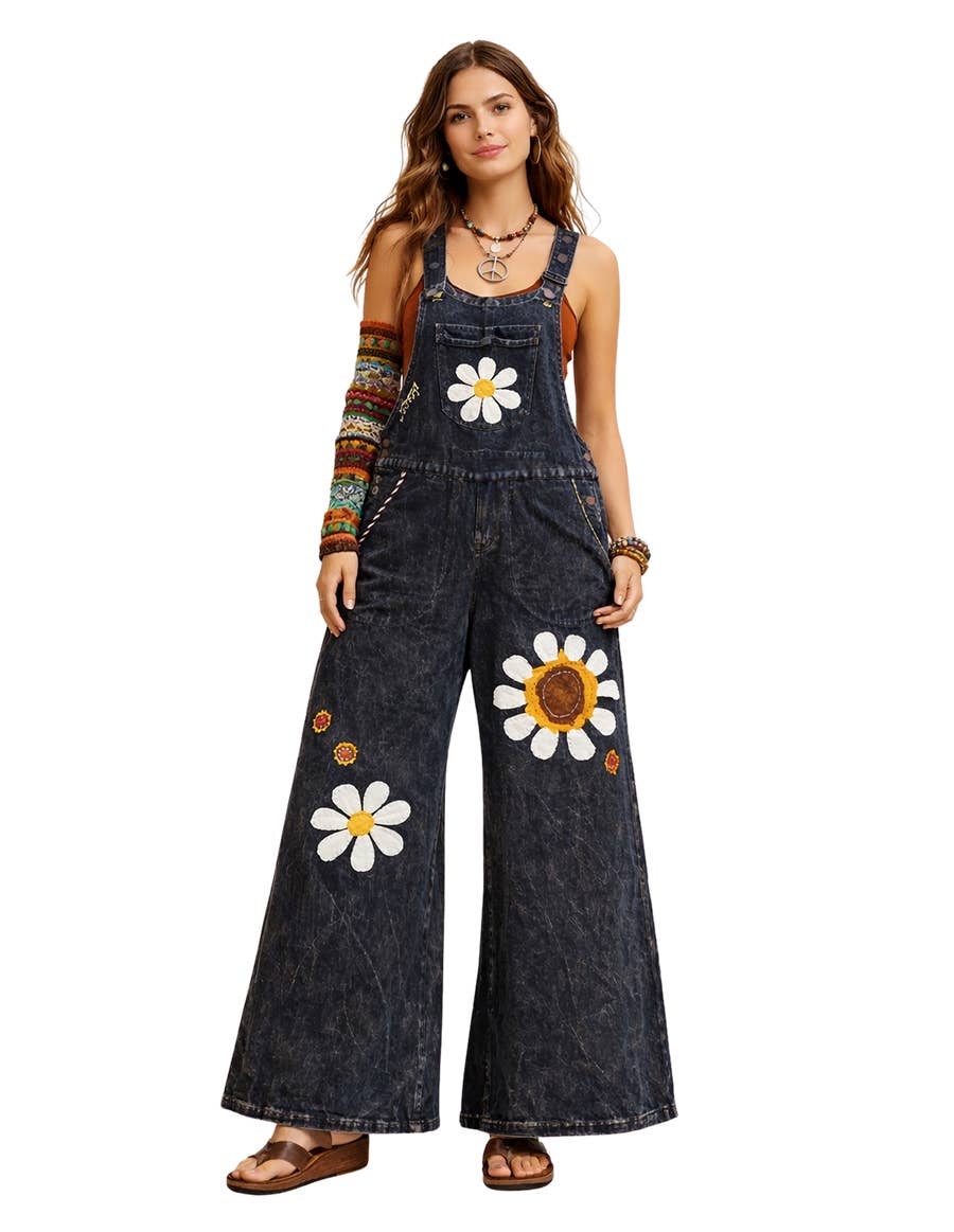 Boho Daisy Flower Embroidered Overalls
