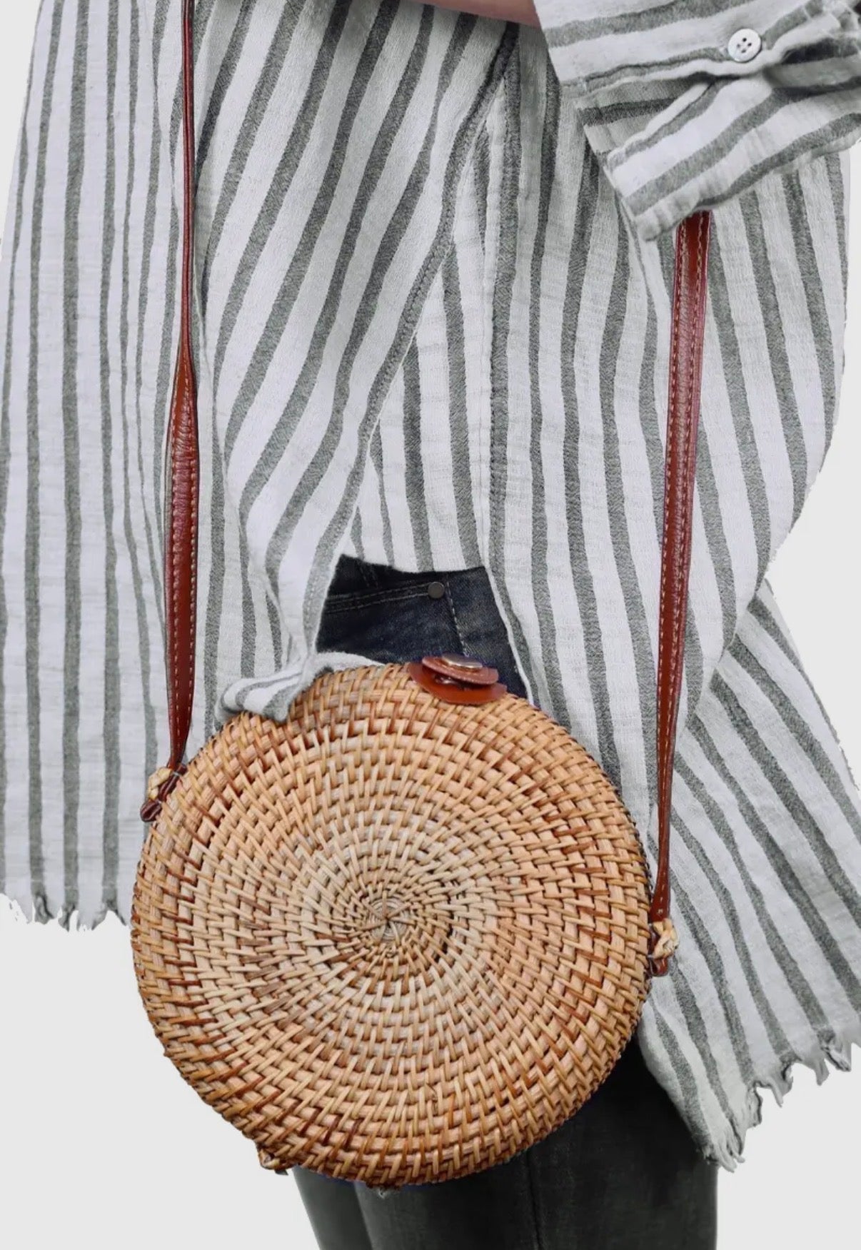 Boho Round Woven Straw Crossbody Purse