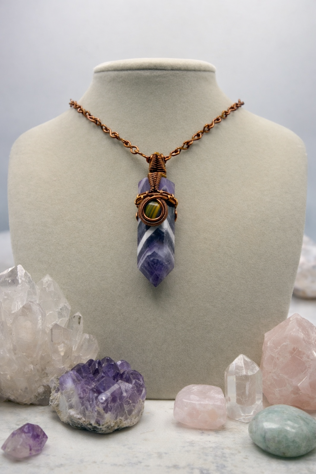 Amethyst Pendulum Necklace with Tiger’s Eye
