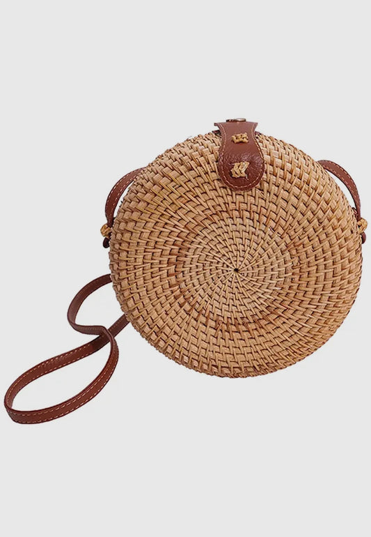 Boho Round Woven Straw Crossbody Purse