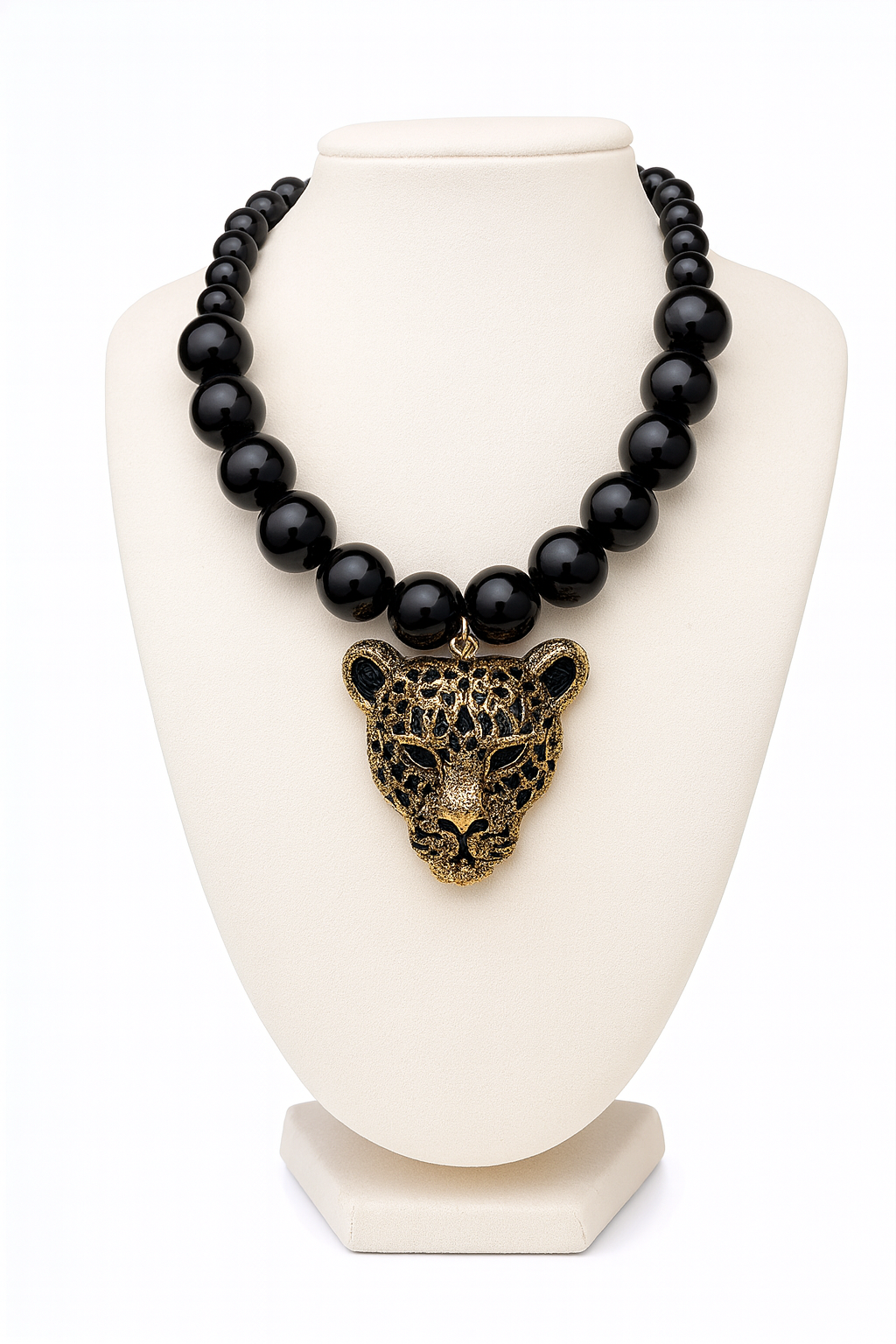 Obsidian Beaded 18” Necklace with Gold Tiger Pendant