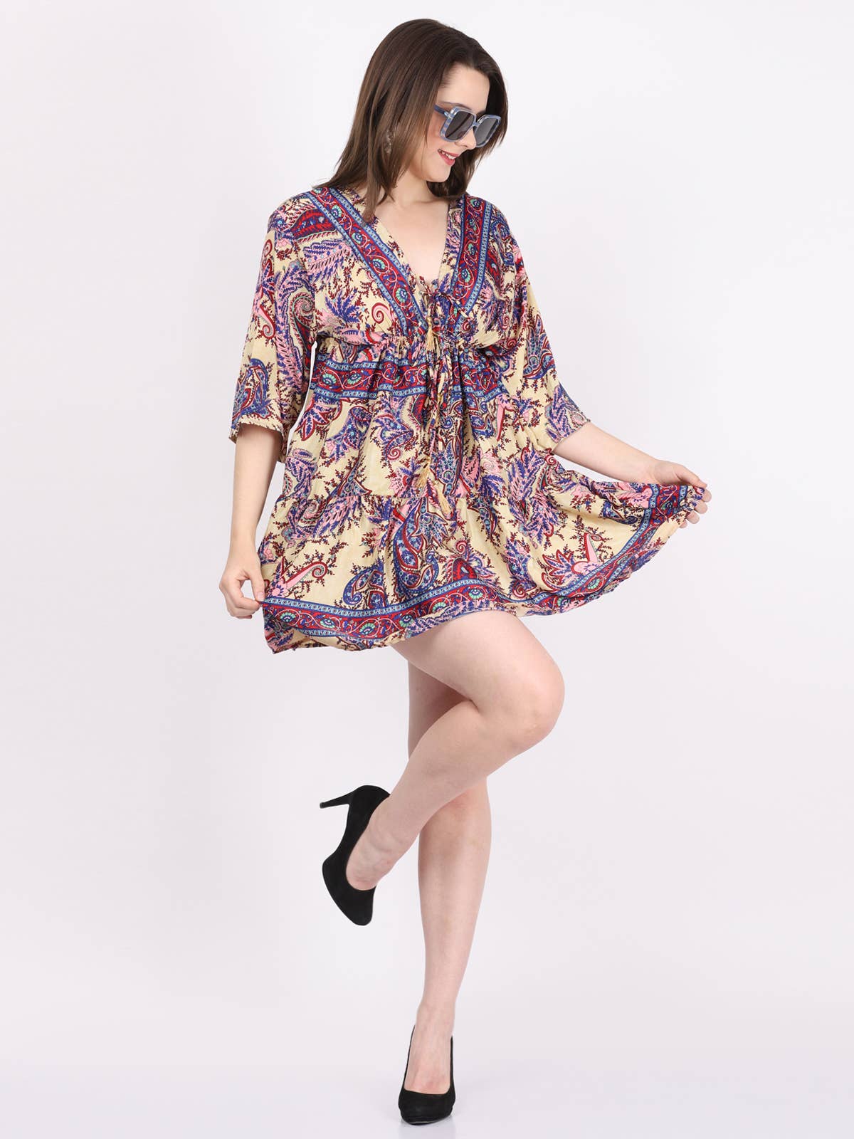 Women Boho Sexy V Neck Mini Short Length Half Sleeve Dress