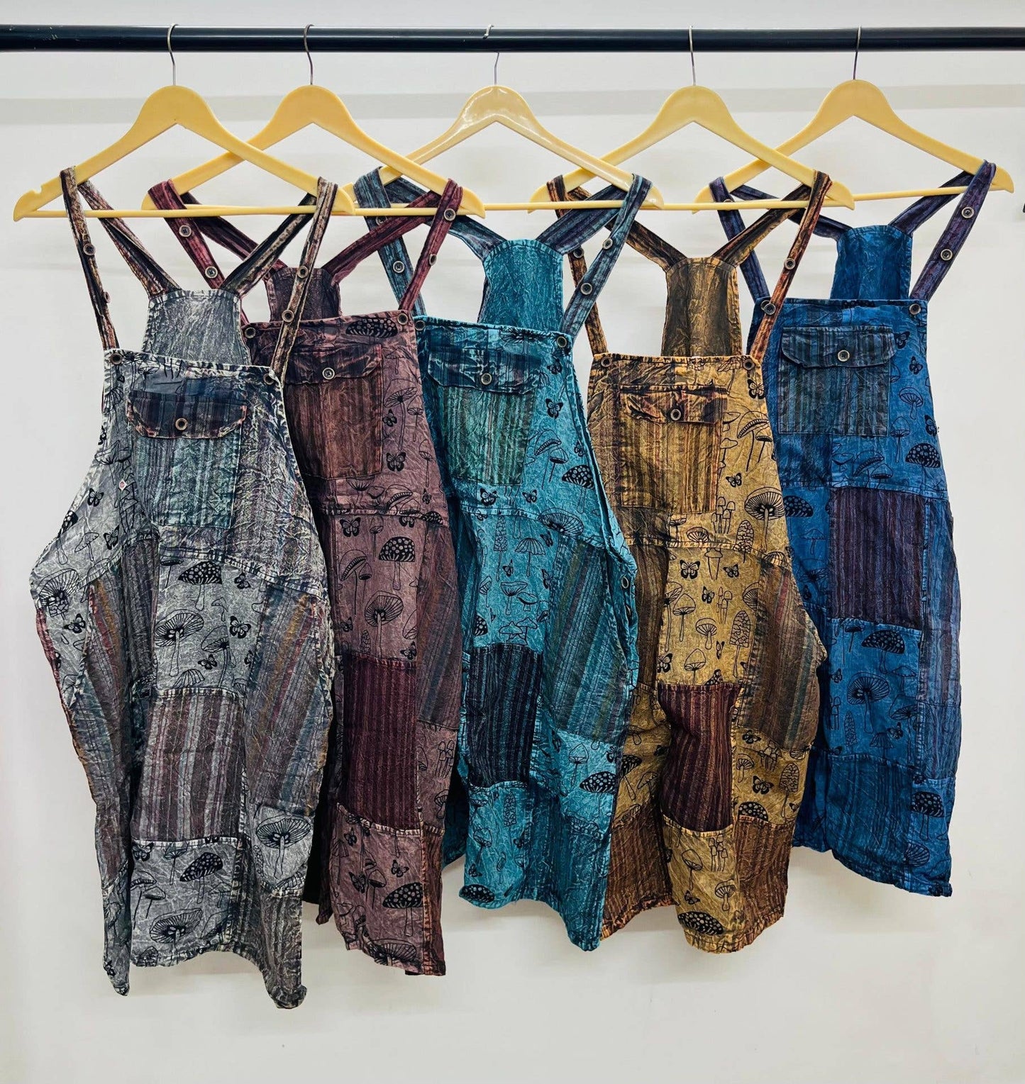 Women Mushroom Print Patch Cotton Pocket Dungarees Dress Mix