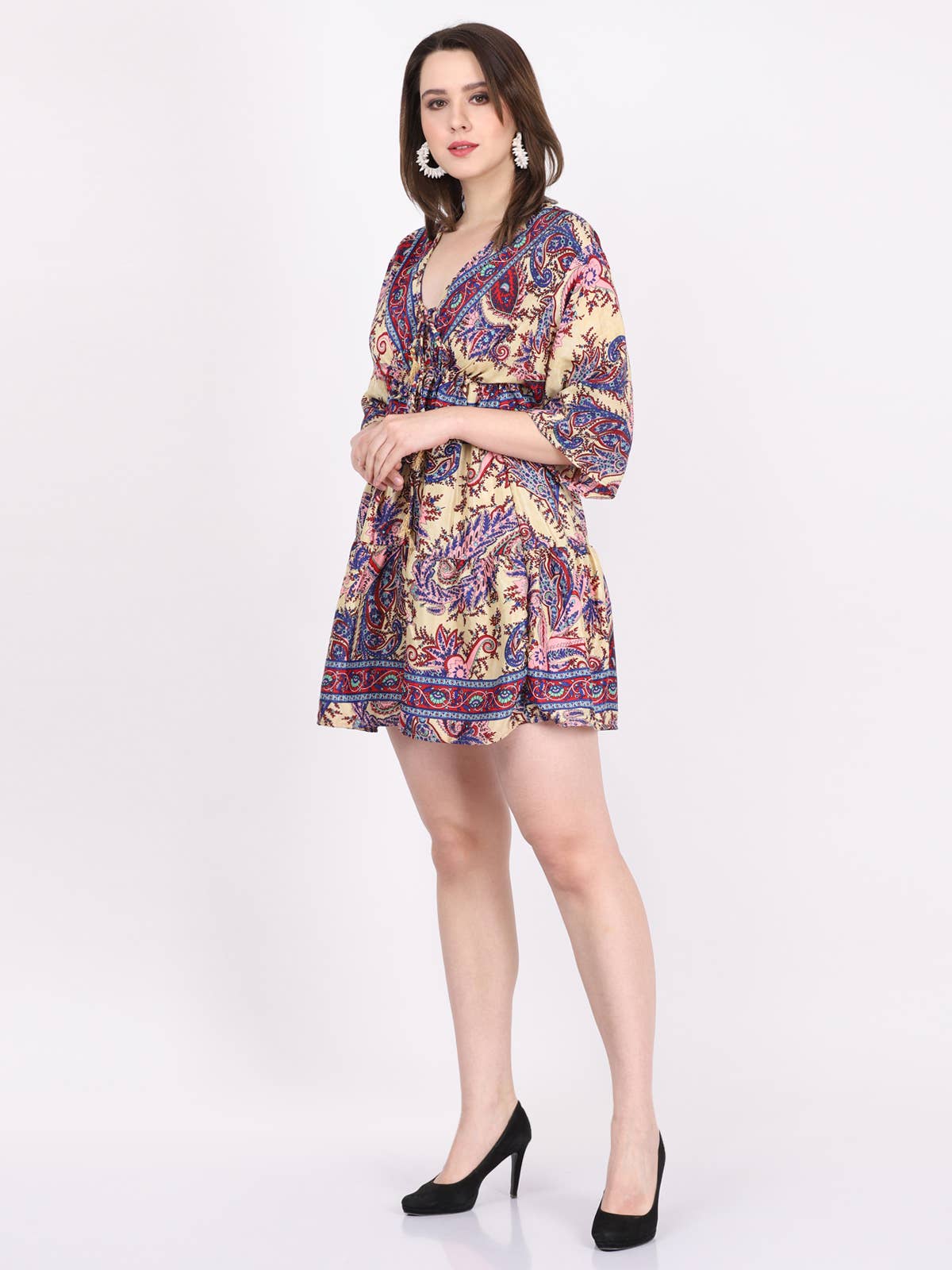 Women Boho Sexy V Neck Mini Short Length Half Sleeve Dress