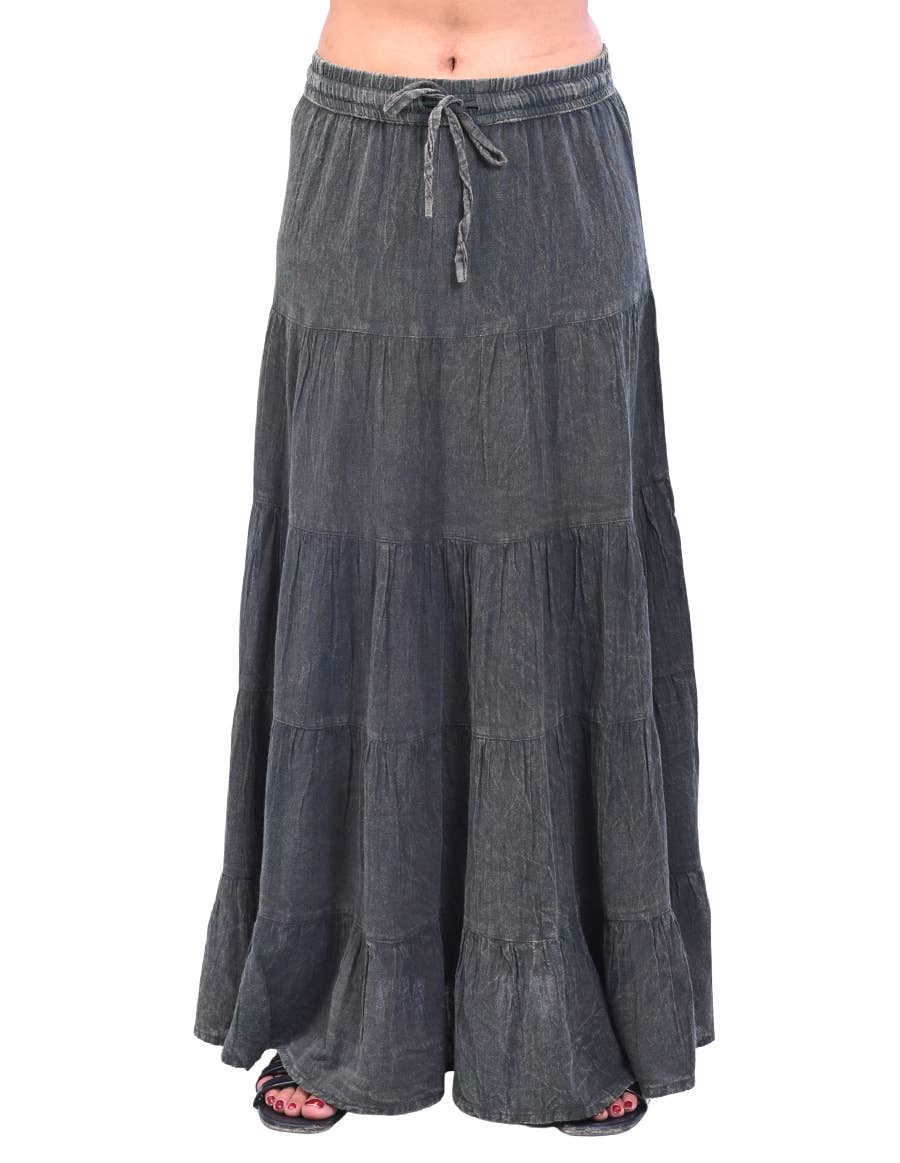 Boho Stonewashed Tiered Maxi Skirt