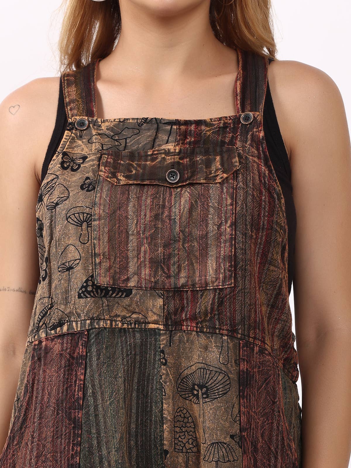 Women Mushroom Print Patch Cotton Pocket Dungarees Dress Mix