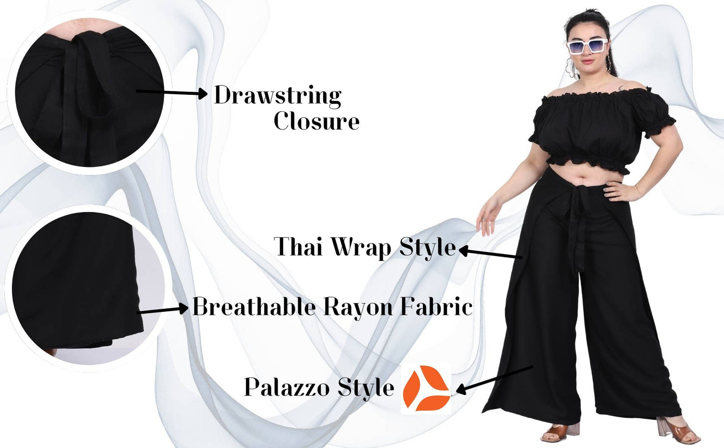 Women's Solid Tie Knot Thai Black Wrap Pant